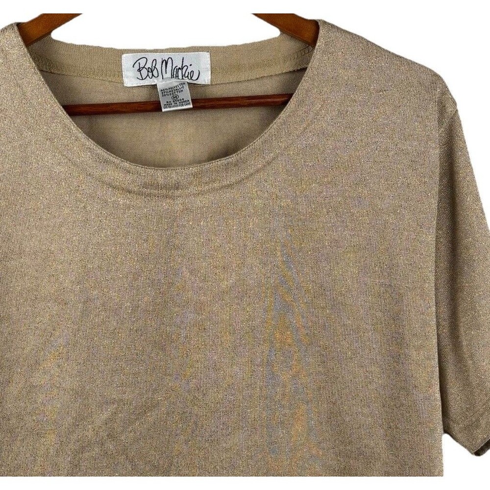 Bob Mackie Women Medium Short Sleeve Gold Metallic Knit Shirt Stretch Oversize